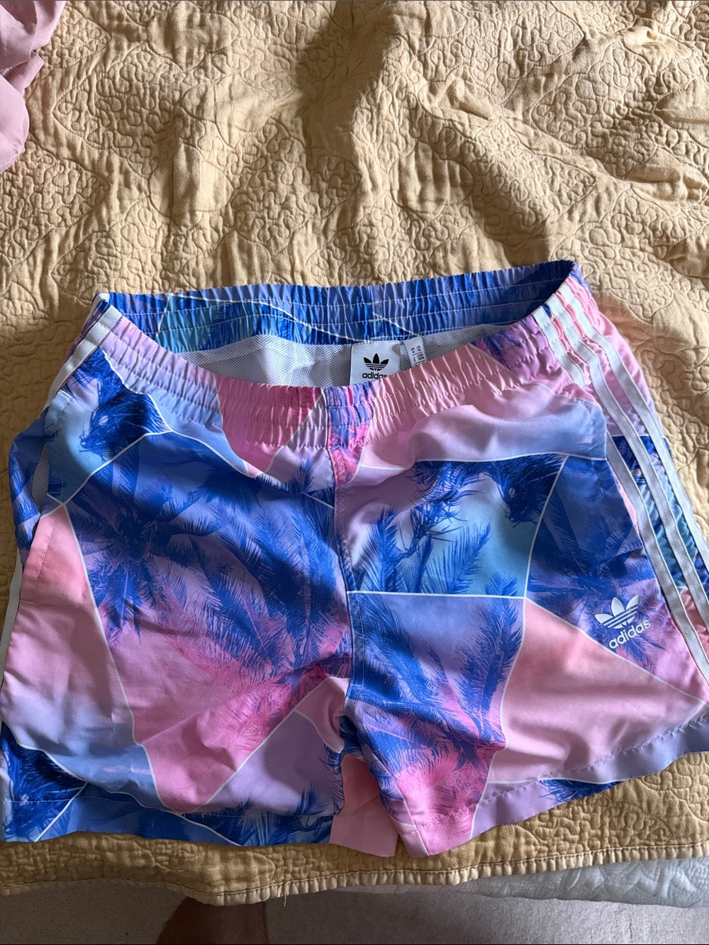 adidas Pink and Blue Palm-Print Swim Shorts